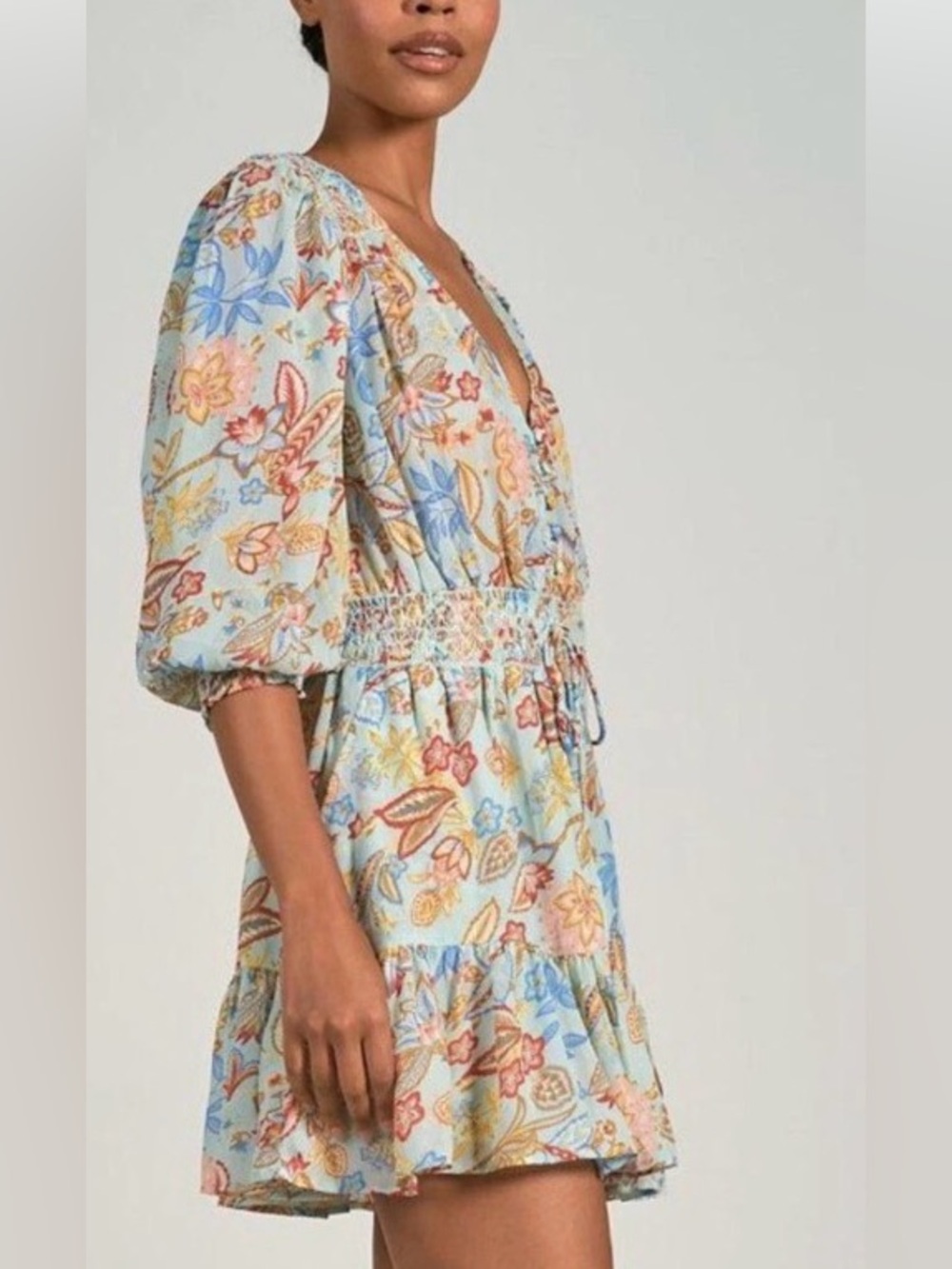 NWT Elan Melrose Floral Smocked Mini Dress Blue Boho Romantic Flowy Sz Small